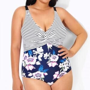 Meetcurve Brand Flower Printed V-Neck Tummy Control One Piece Swimsuit NWT 2XL